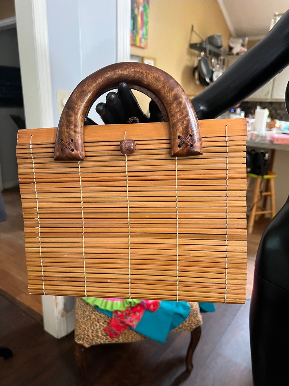 Woven Bamboo Clutch with Curved Wooden Handles - Brown